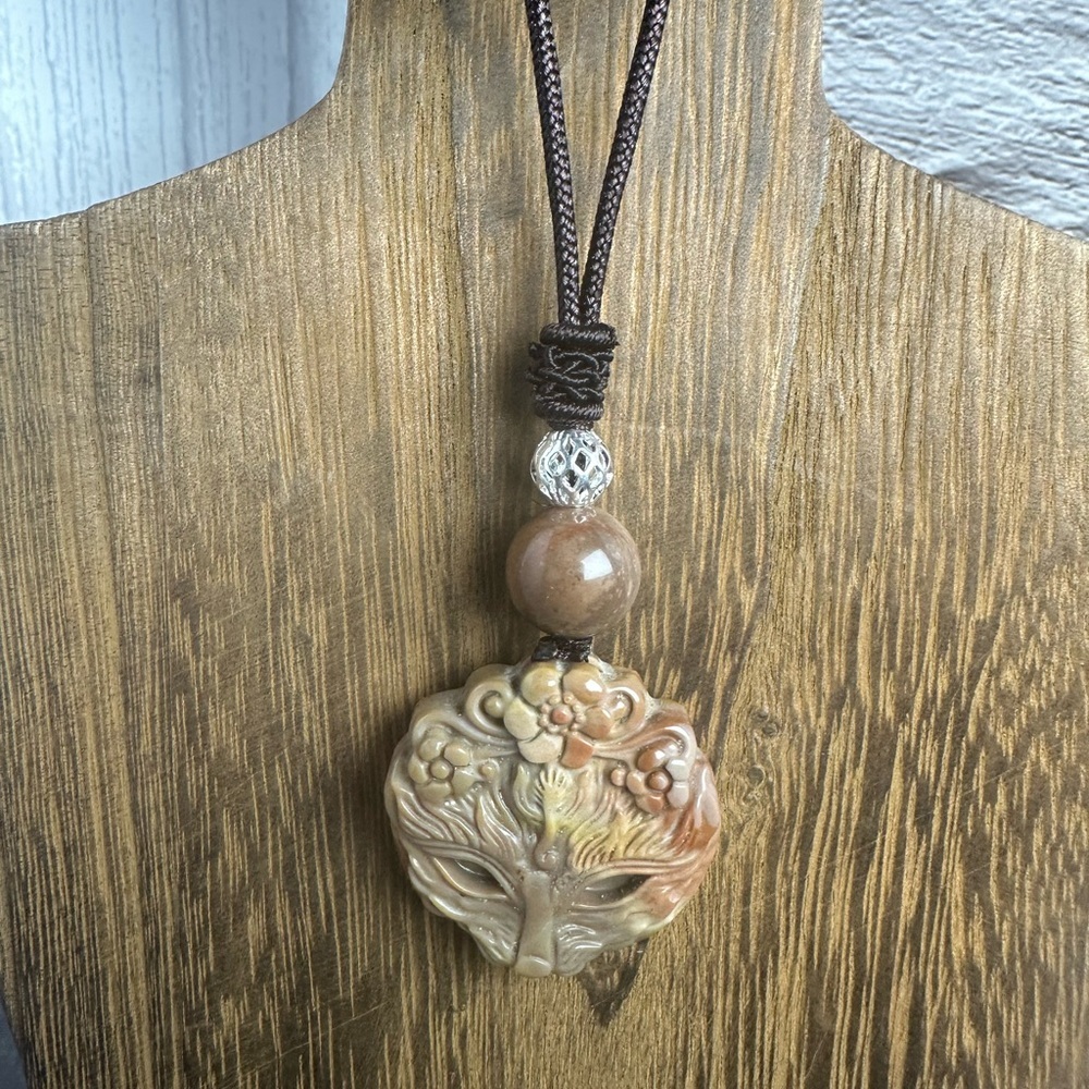 Polychrome Jasper Fox Mask Pendant Necklace on Brown Adjustable Rope